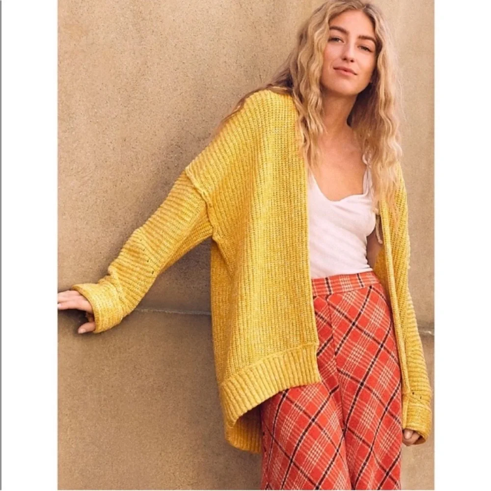 Free People High Hopes Cardi Sweater chunky knit oversized boxy yellow